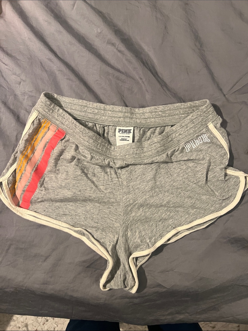 PINK Victoria's Secret Gray Athletic Shorts with Pink and Yellow Stripes